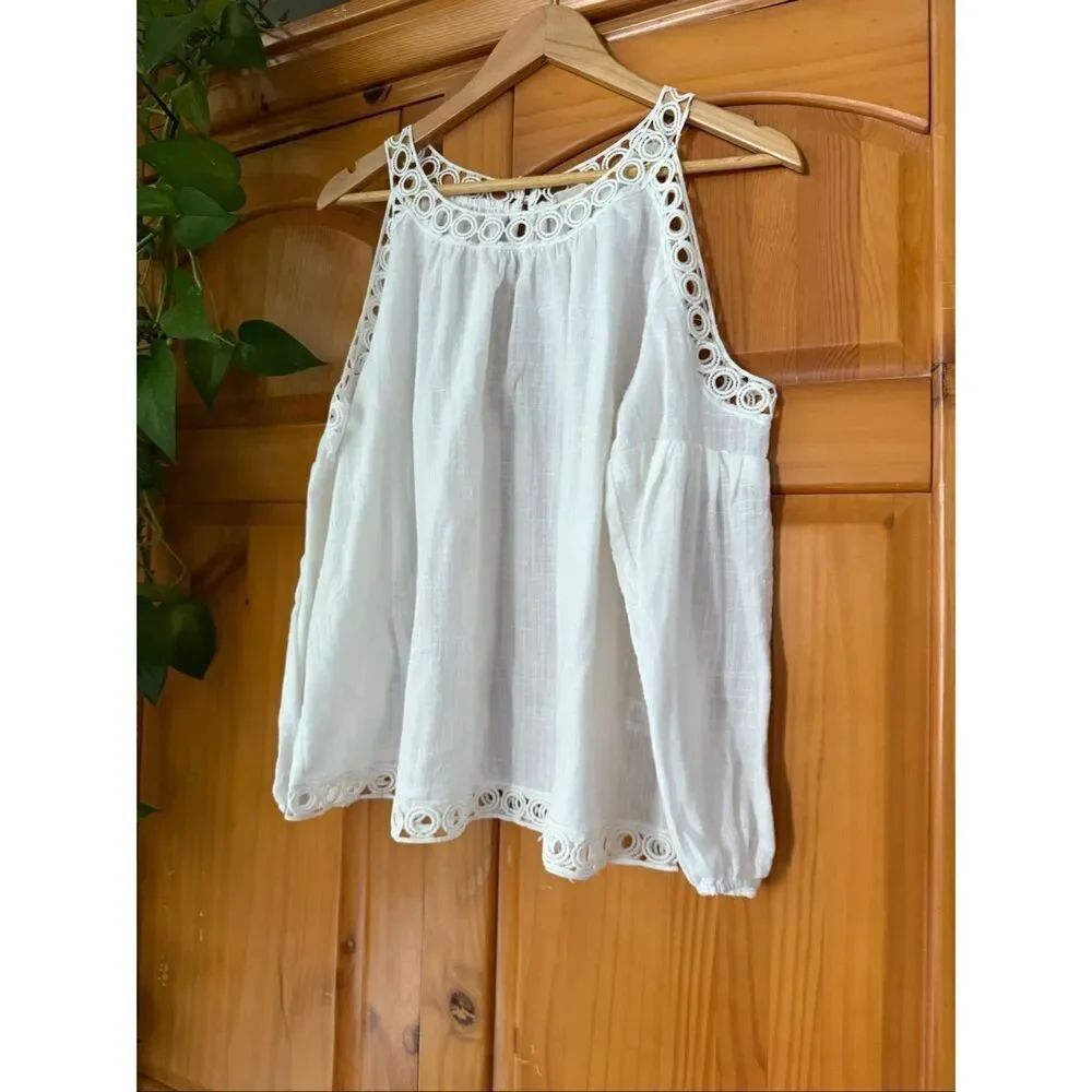 Miss Love White Boho Cold Shoulder Lace Trim Blouse Small - Picture 5 of 12